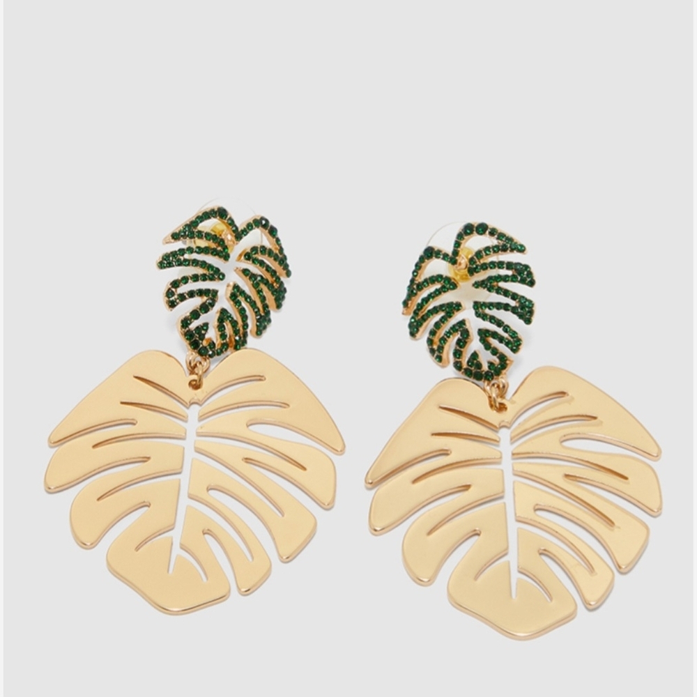 Aldo Gold and Green Monstera Leaf Drop Earrings Comes W Accessory Pouch